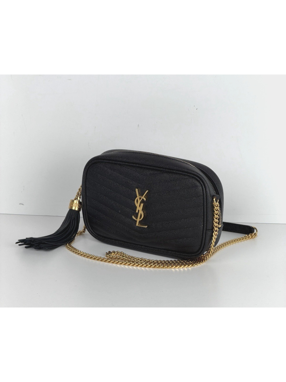 Saint Laurent Lou Mini Camera Bag in Black Grain Leather with Tassel Detail S08
